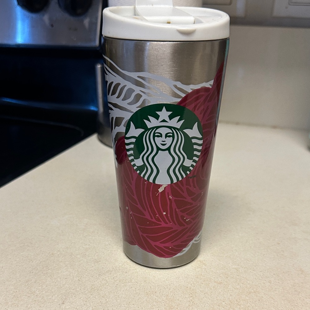 Starbucks Stainless Steel Tumbler with magenta and white floral Pattern